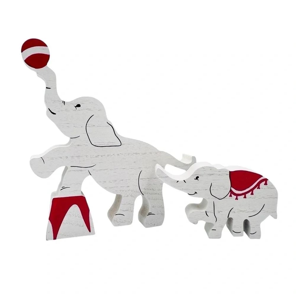 Whimsical Elephant Circus Family Red & White Wooden Sign Set of 3 Home Decor NEW